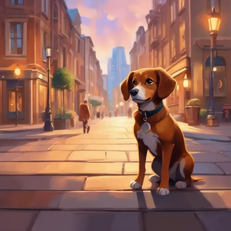 Introduction of Small brown dog, friendly, with expressive eyes in the city setting