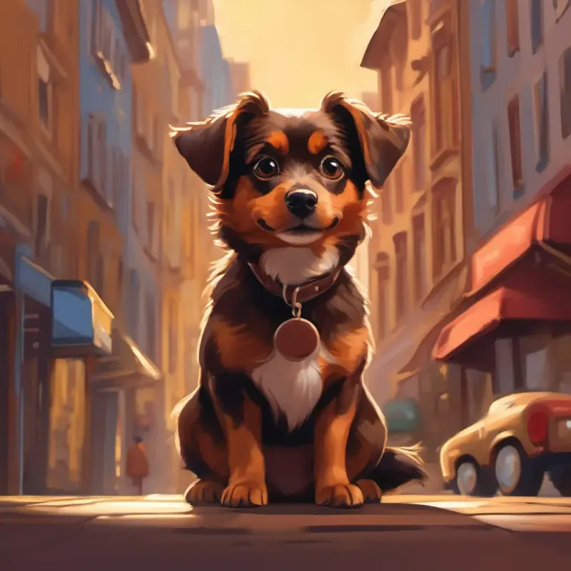 Small brown dog, friendly, with expressive eyes's daily city life experience
