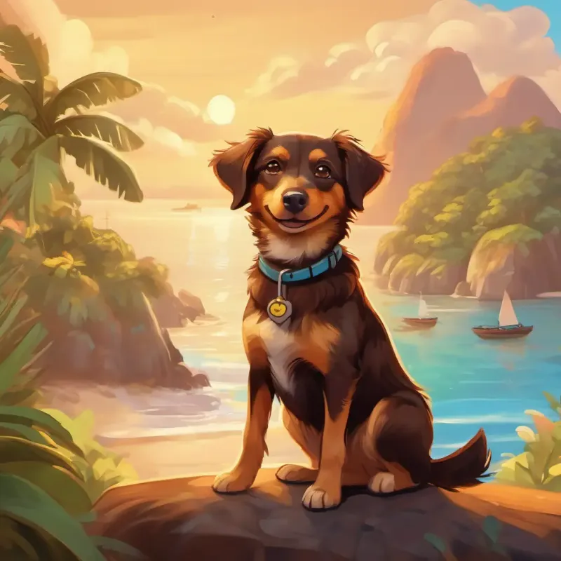 Small brown dog, friendly, with expressive eyes embraces his new island life