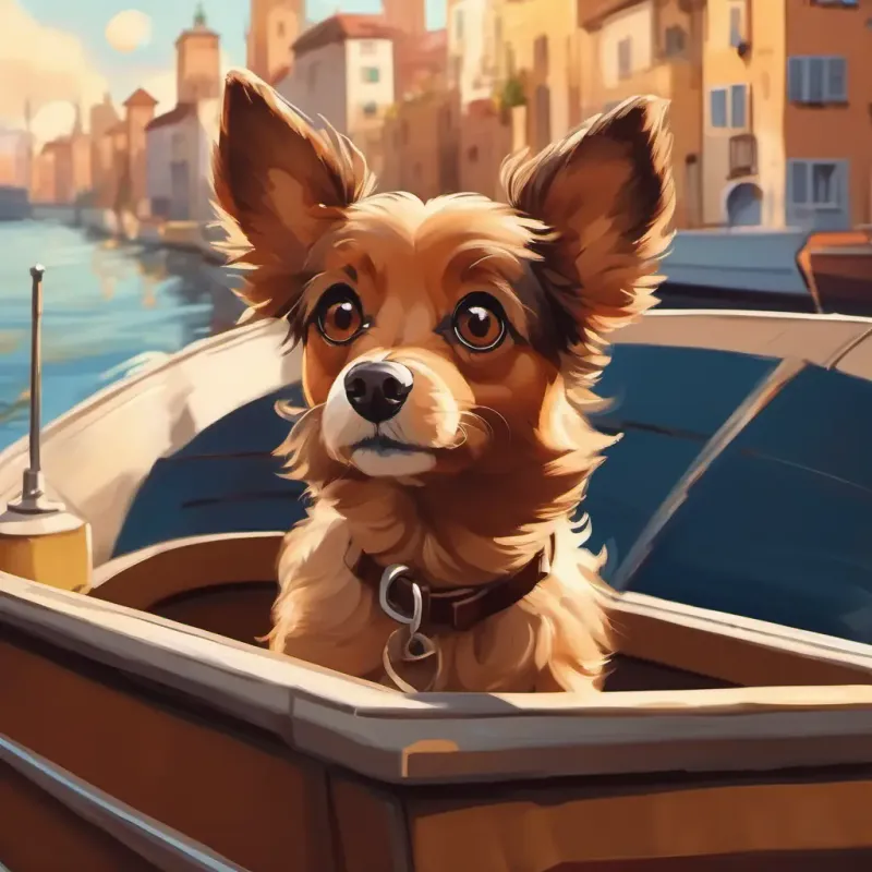 Small brown dog, friendly, with expressive eyes on the boat, leaving the city