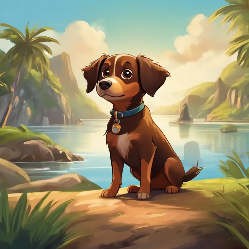 Small brown dog, friendly, with expressive eyes’s first impression of the island