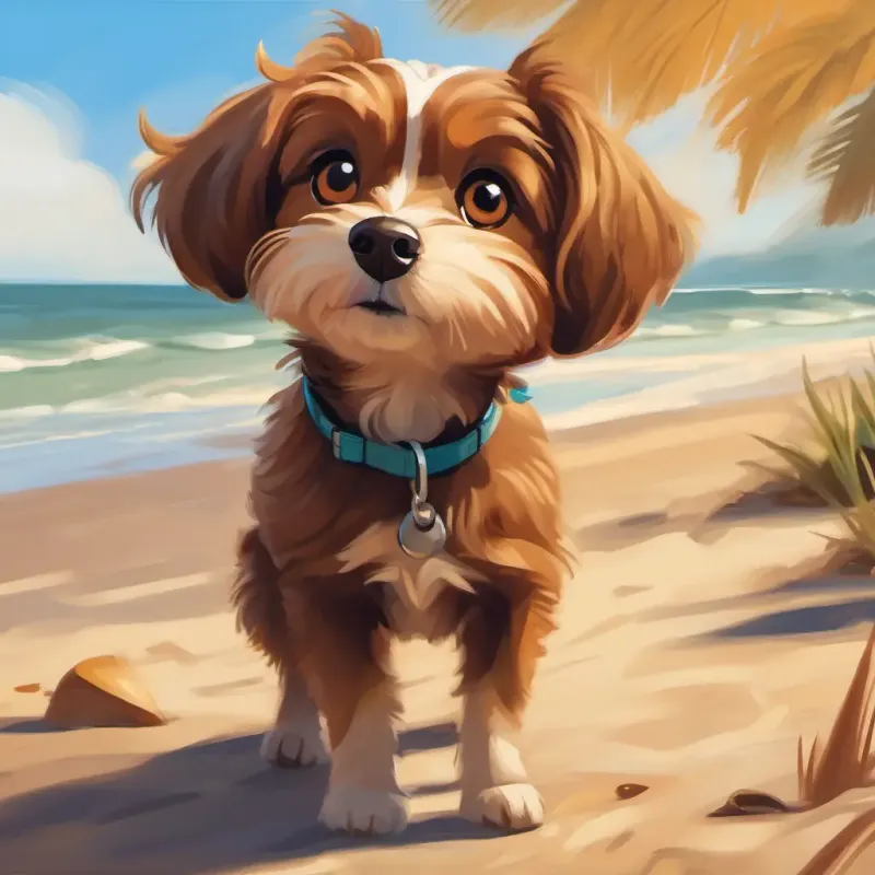 Small brown dog, friendly, with expressive eyes exploring the beach