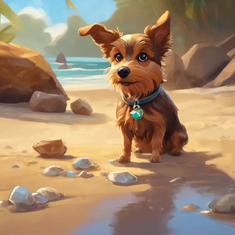 Small brown dog, friendly, with expressive eyes finds a treasure on the beach