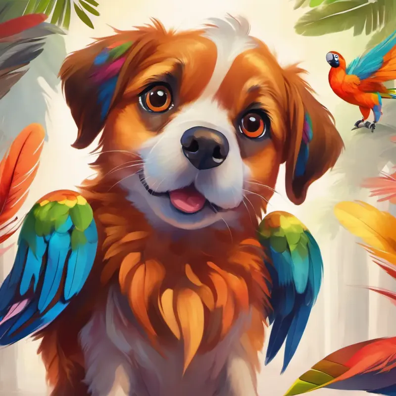 Small brown dog, friendly, with expressive eyes makes a new friend, Colorful parrot, chatty, with bright feathers