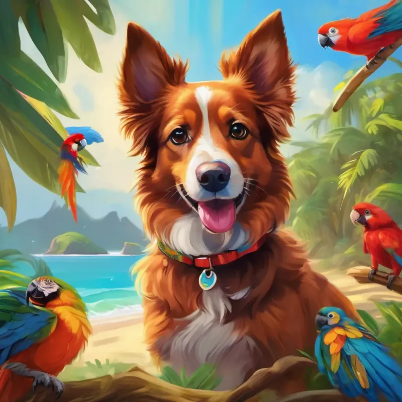 Small brown dog, friendly, with expressive eyes learns about the island from Colorful parrot, chatty, with bright feathers