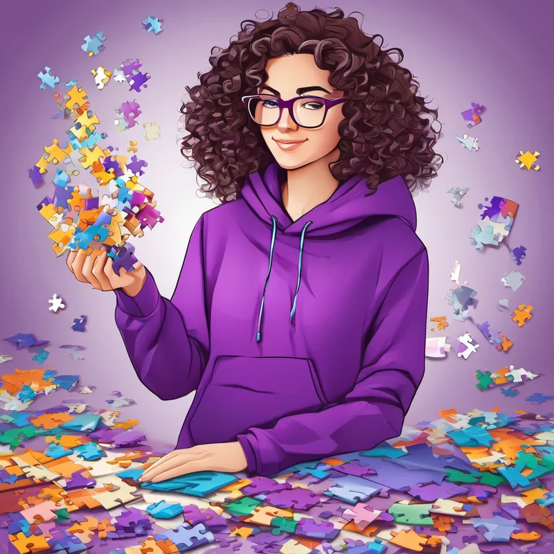Curly-haired brunette with glasses, wearing a purple hoodie carefully arranging puzzle pieces for a perfect fit