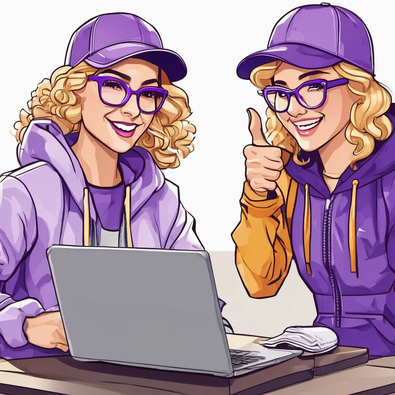 Blond-haired with a baseball cap, carrying a laptop giving a thumbs up to Curly-haired brunette with glasses, wearing a purple hoodie