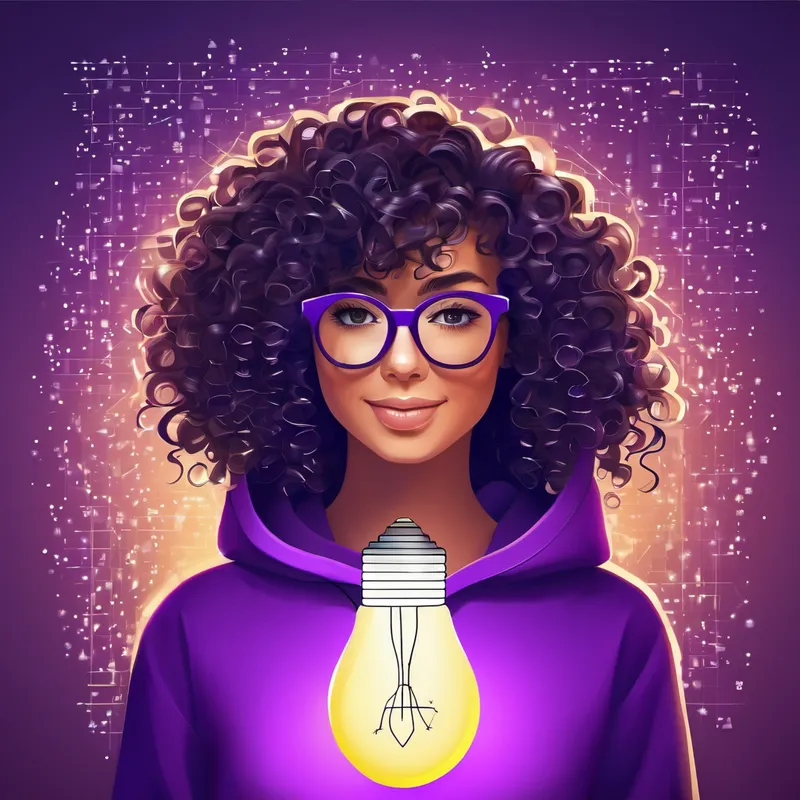 Curly-haired brunette with glasses, wearing a purple hoodie having a lightbulb moment, surrounded by floating binary code