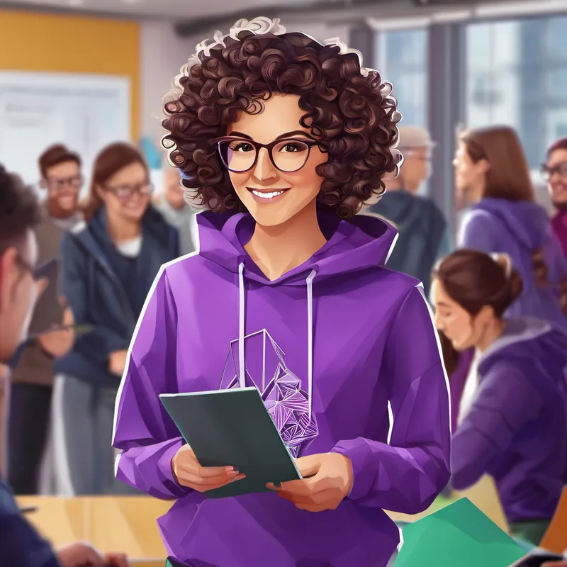 Curly-haired brunette with glasses, wearing a purple hoodie proudly showcasing her code to a group of impressed onlookers