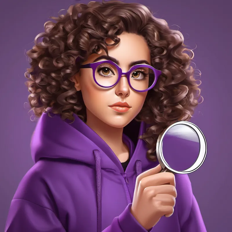 Curly-haired brunette with glasses, wearing a purple hoodie with a determined expression, holding a magnifying glass