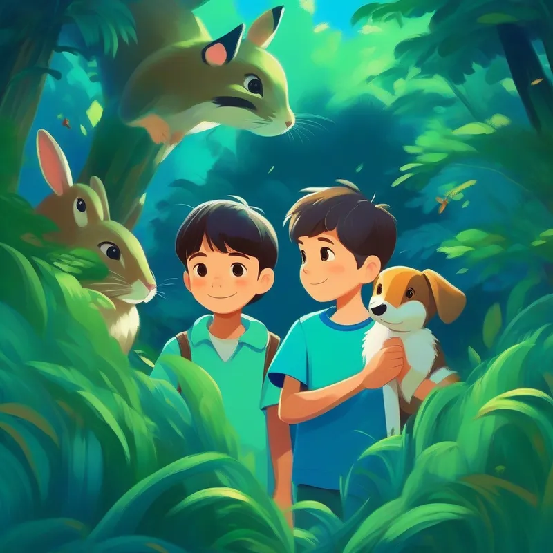 A boy and girl with animals, colors: blue, green