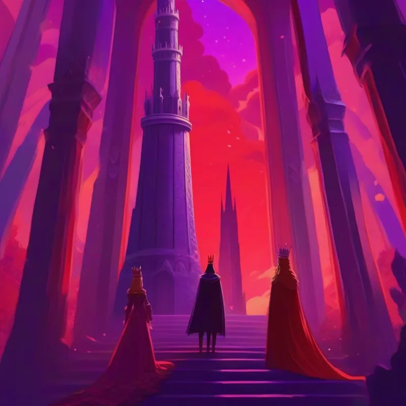 A A King in a tall tower, color: red and A Queen in a tall tower, color: purple in a tall tower, colors: red, purple