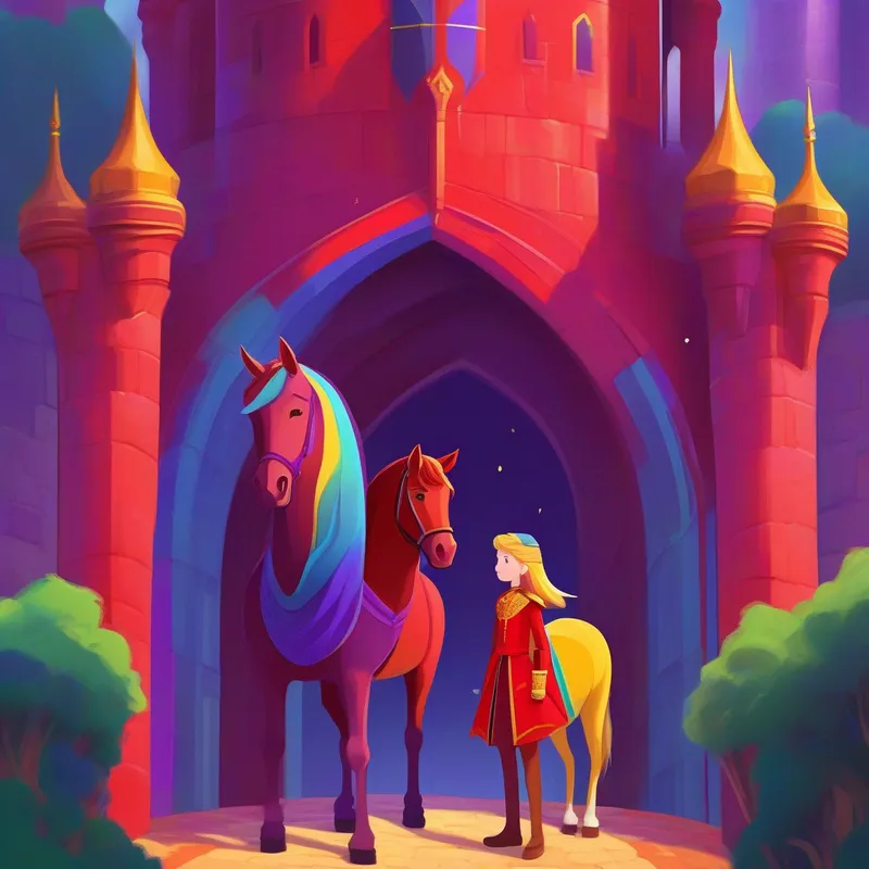 Boy, girl, horse, A King in a tall tower, color: red, A Queen in a tall tower, color: purple, castle, colors: red, blue, green, yellow
