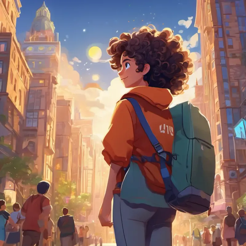 City, Curly hair, bright eyes, energetic, ready to tackle challenges, tech startup, excitement, innovation