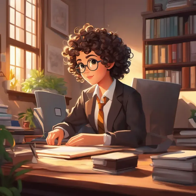 Office, Curly hair, bright eyes, energetic, ready to tackle challenges, computer trouble, quick thinking