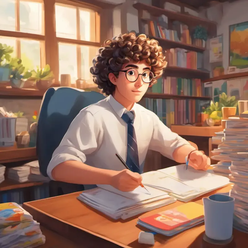 Office, Curly hair, bright eyes, energetic, ready to tackle challenges, snack shortage, creative solution