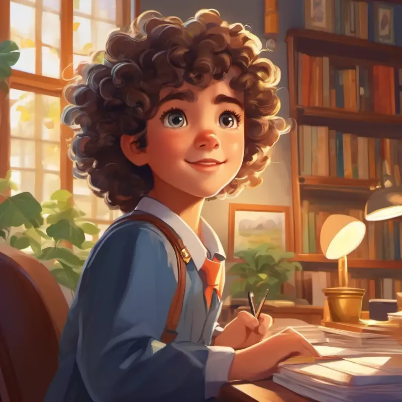 Office, Curly hair, bright eyes, energetic, ready to tackle challenges, perseverance, dreams, lessons