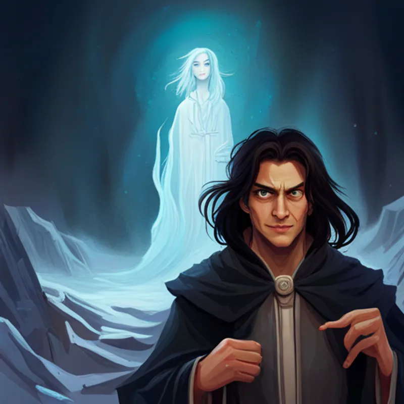 Harry - young wizard with messy black hair staring at Lady Voldara - evil sorceress with pale skin with fear