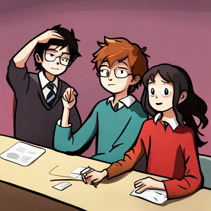 Harry - young wizard with messy black hair, Ron - loyal friend with red hair, and Hermione - clever friend with bushy brown hair forming a plan together