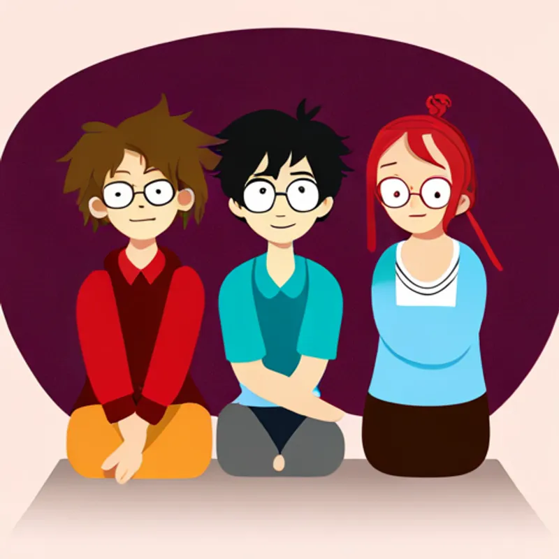 Harry - young wizard with messy black hair, Ron - loyal friend with red hair, and Hermione - clever friend with bushy brown hair solving a riddle