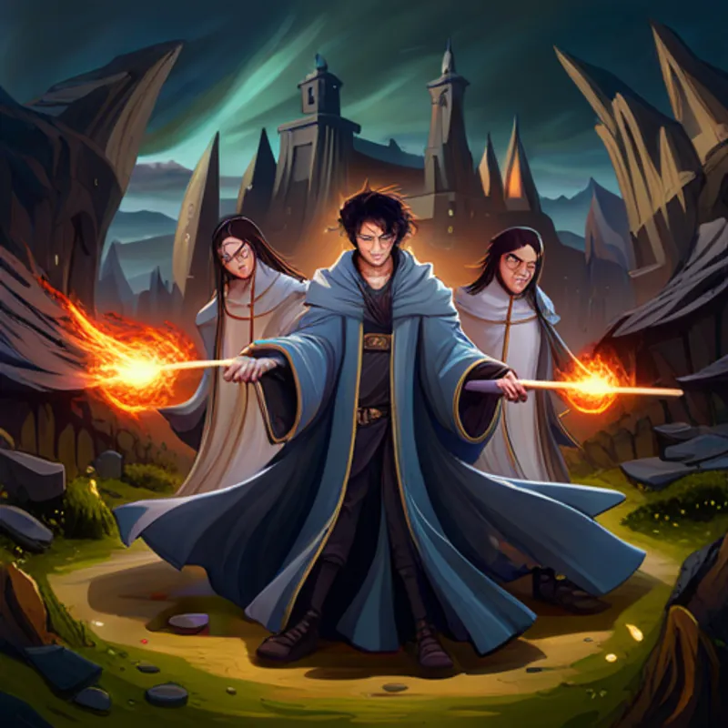 Harry - young wizard with messy black hair and his friends dueling against Lady Voldara - evil sorceress with pale skin's minions