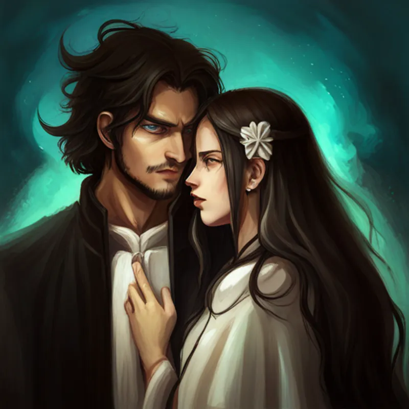 Harry - young wizard with messy black hair standing face to face with Lady Voldara - evil sorceress with pale skin