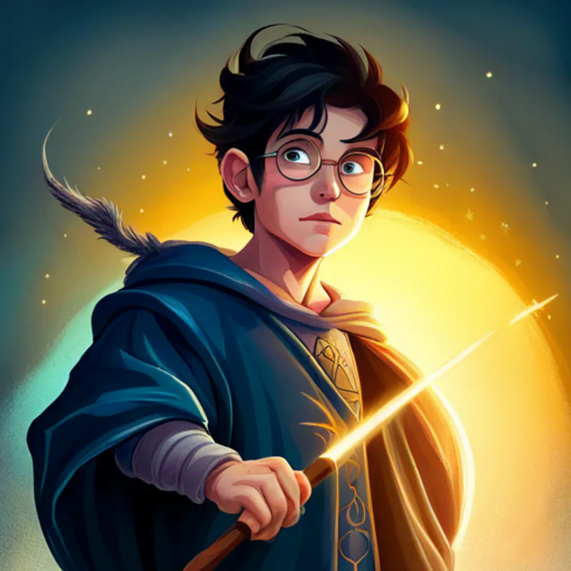 Harry - young wizard with messy black hair raising his wand triumphantly