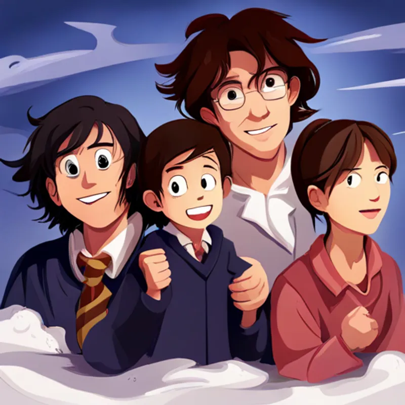 Harry - young wizard with messy black hair, Ron - loyal friend with red hair, and Hermione - clever friend with bushy brown hair with big smiles