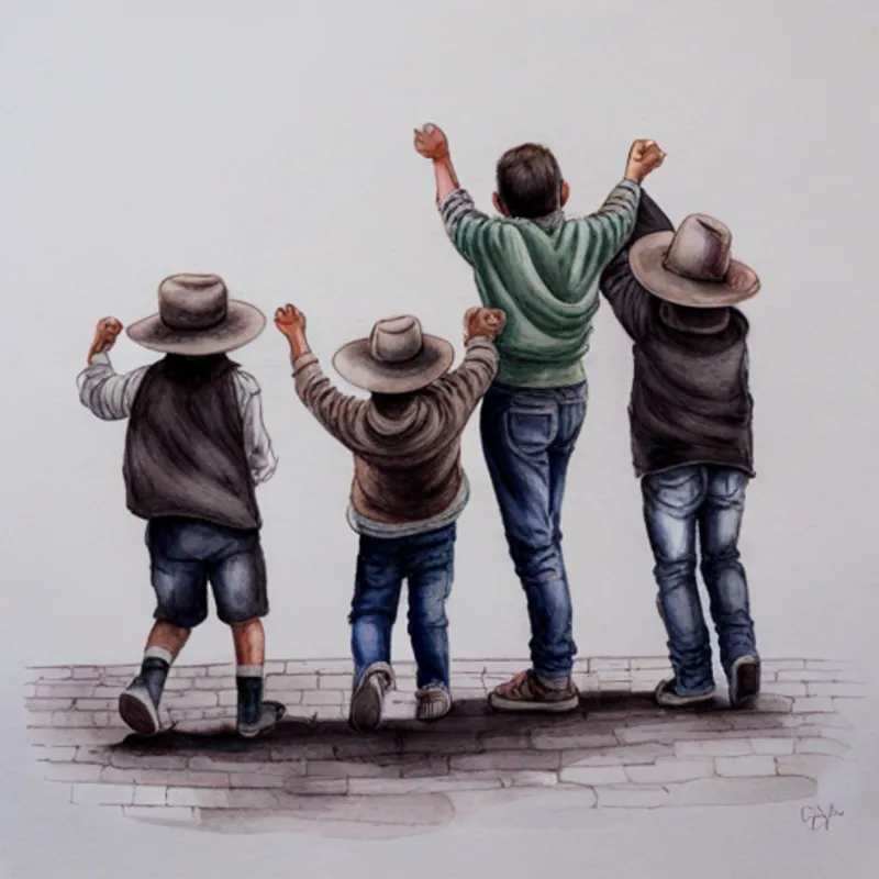 Los niños y los bandidos siendo amigos y celebrando