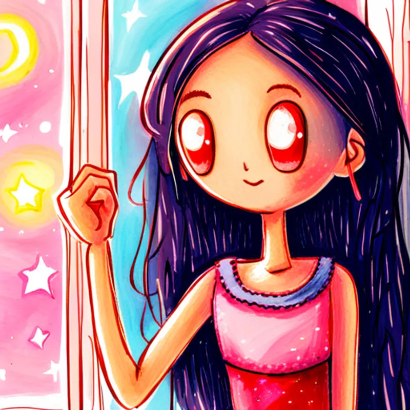 Pelo castaño, vestido rosa, ojos asombrados, sonrisa radiante de pie junto a la ventana, mirando las estrellas