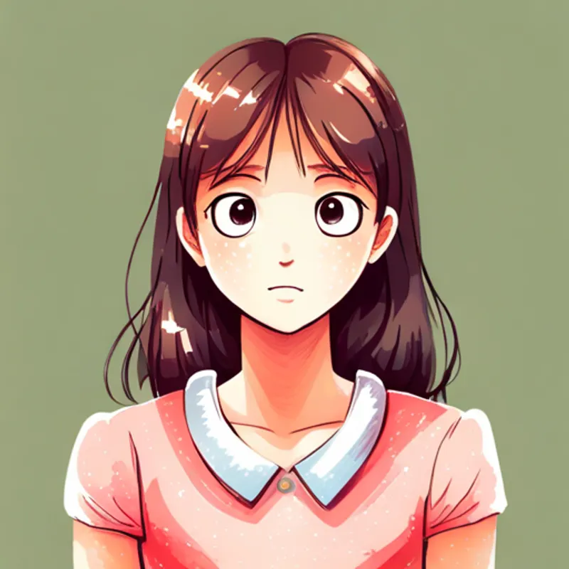 Pelo castaño, vestido rosa, ojos asombrados, sonrisa radiante pensando y mirando al cielo sorprendida