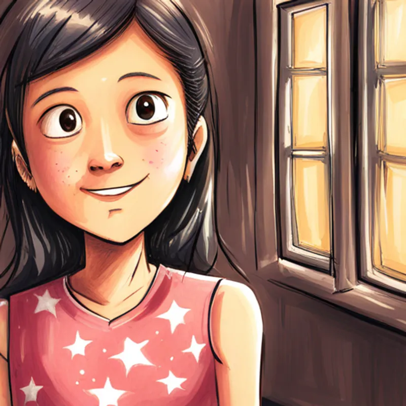 Pelo castaño, vestido rosa, ojos asombrados, sonrisa radiante imaginando estrellas en una casa brillante