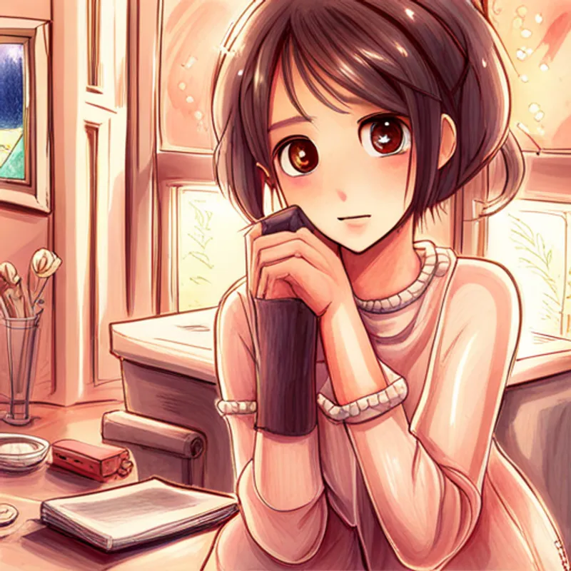 Pelo castaño, vestido rosa, ojos asombrados, sonrisa radiante construyendo una pequeña casa con luces brillantes