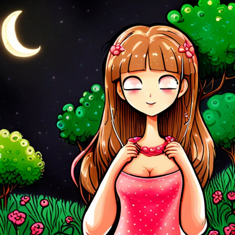 Pelo castaño, vestido rosa, ojos asombrados, sonrisa radiante llevando la casita al jardín bajo la luz de la luna