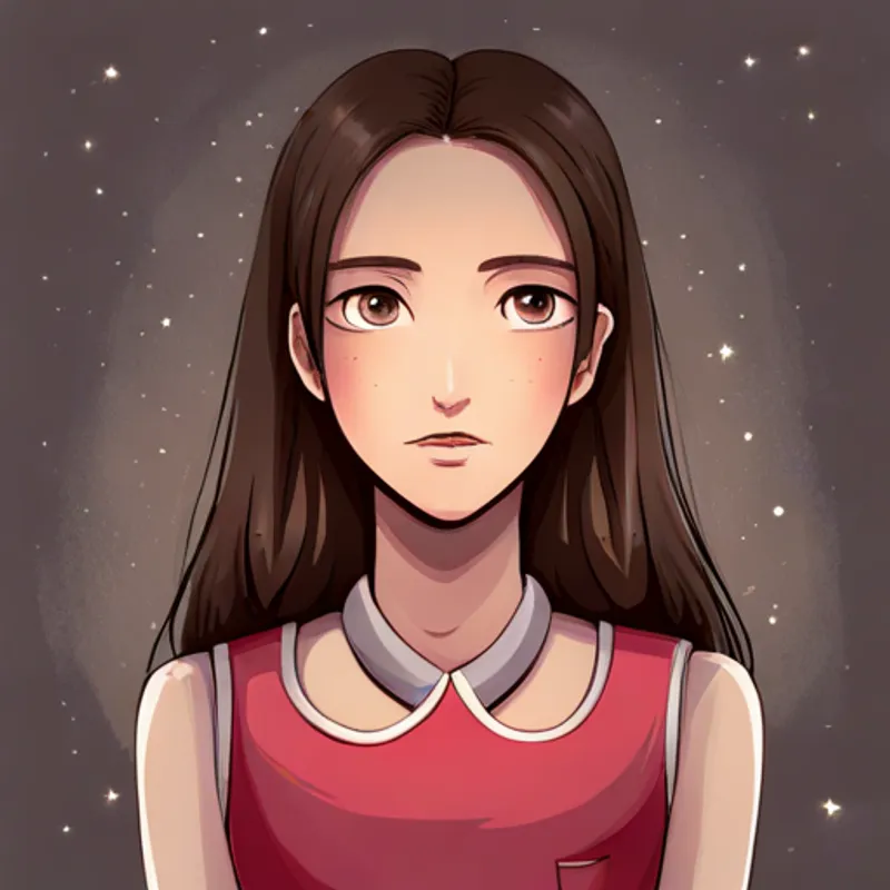 Pelo castaño, vestido rosa, ojos asombrados, sonrisa radiante sentada junto a la casita, esperando a las estrellas