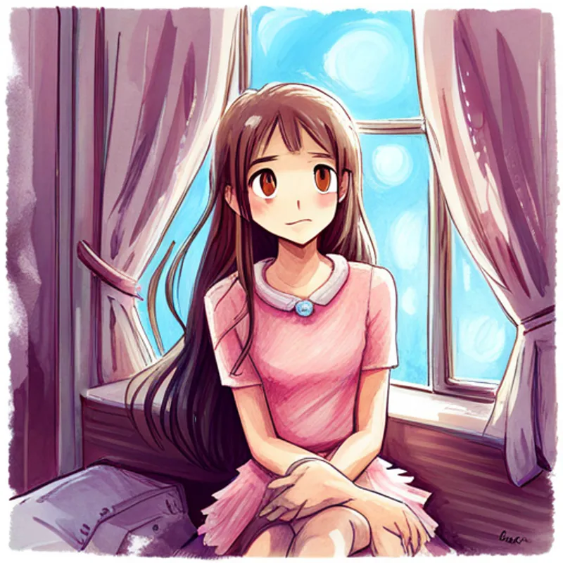 Pelo castaño, vestido rosa, ojos asombrados, sonrisa radiante mirando por la ventana con una expresión de sorpresa