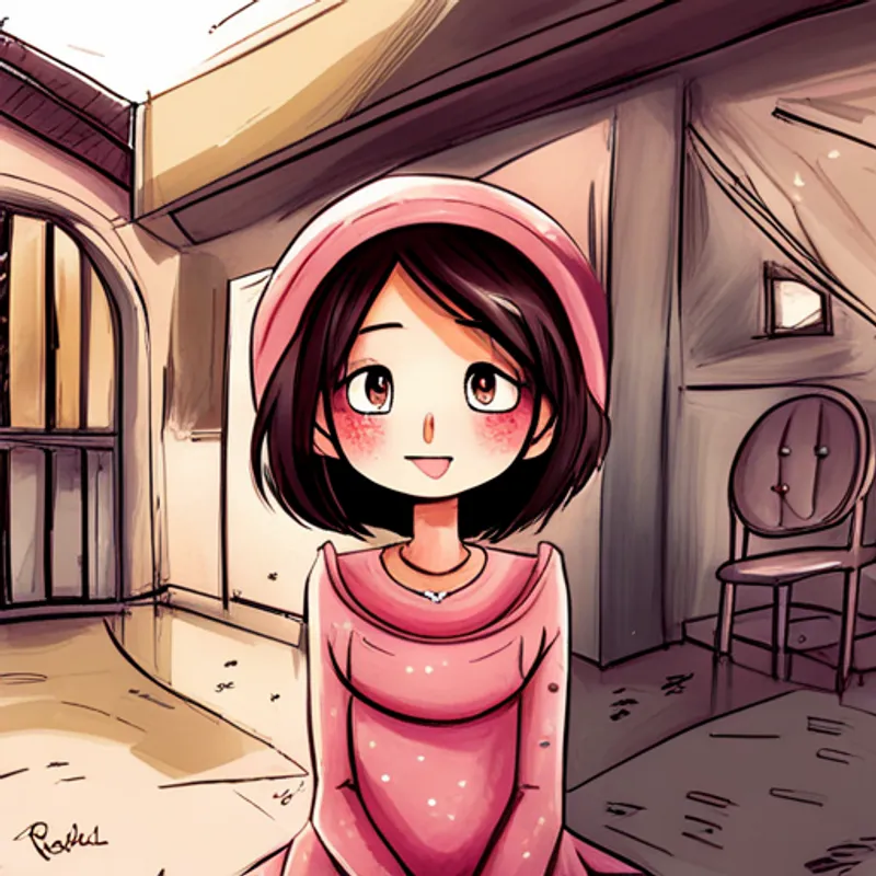 Las estrellas brillando en la casita mientras Pelo castaño, vestido rosa, ojos asombrados, sonrisa radiante sonríe