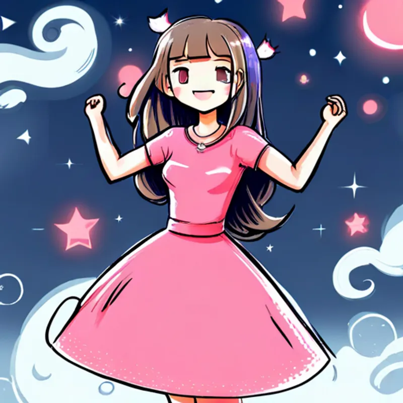 Pelo castaño, vestido rosa, ojos asombrados, sonrisa radiante junto a las estrellas, riendo y bailando juntas