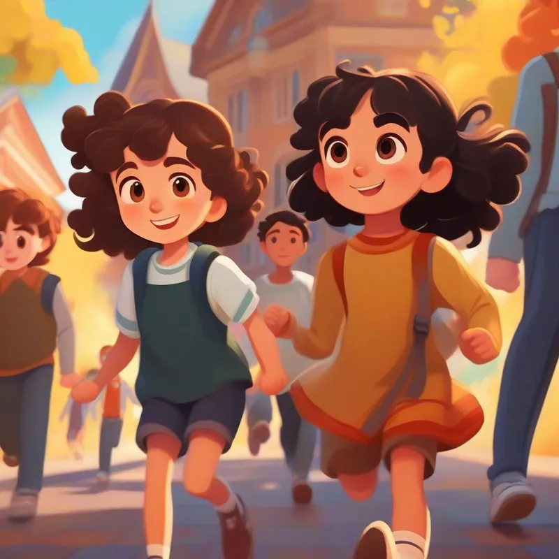 Confident, determined girl with brown hair and kind eyes defends her best friend Caring, friendly boy with curly black hair and a bright smile against bullies.
