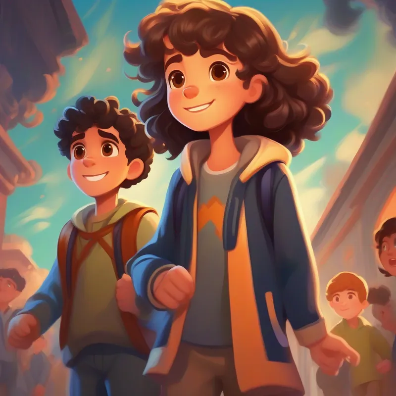 Confident, determined girl with brown hair and kind eyes confronts the bullies and defends Caring, friendly boy with curly black hair and a bright smile with confidence.