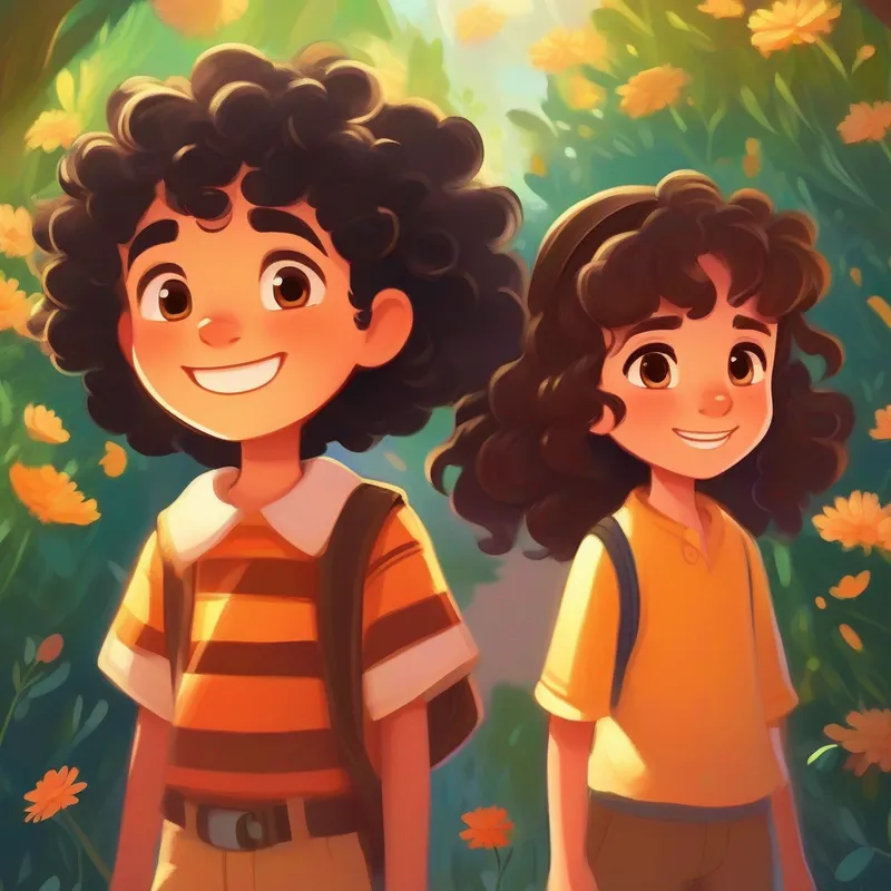 Confident, determined girl with brown hair and kind eyes and Caring, friendly boy with curly black hair and a bright smile's friendship grows stronger through their shared experiences.
