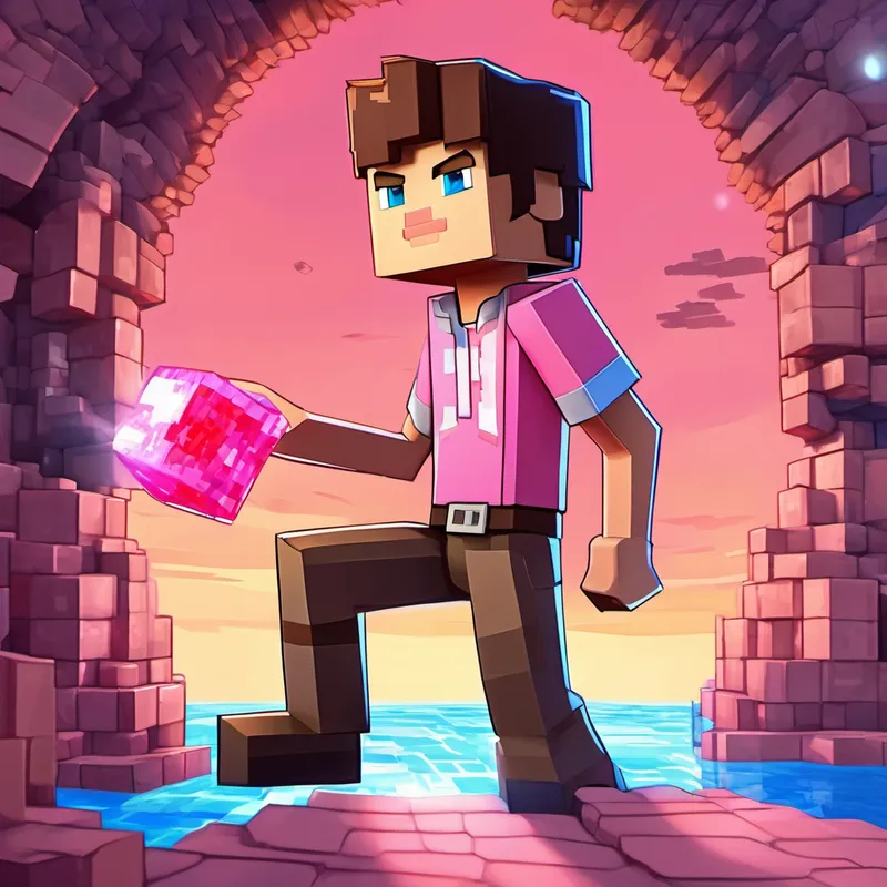 Hilal has brown hair, blue eyes, and wears a pink shirt playing Minecraft, entering a portal, and appearing in Minecraft world