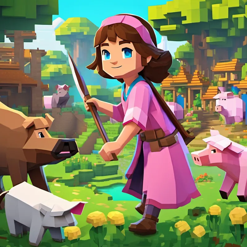 Hilal has brown hair, blue eyes, and wears a pink shirt exploring Minecraft world, meeting The villagers have green skin, big noses, and wear brown robes and The animals include pigs with pink skin and chickens with yellow feathers