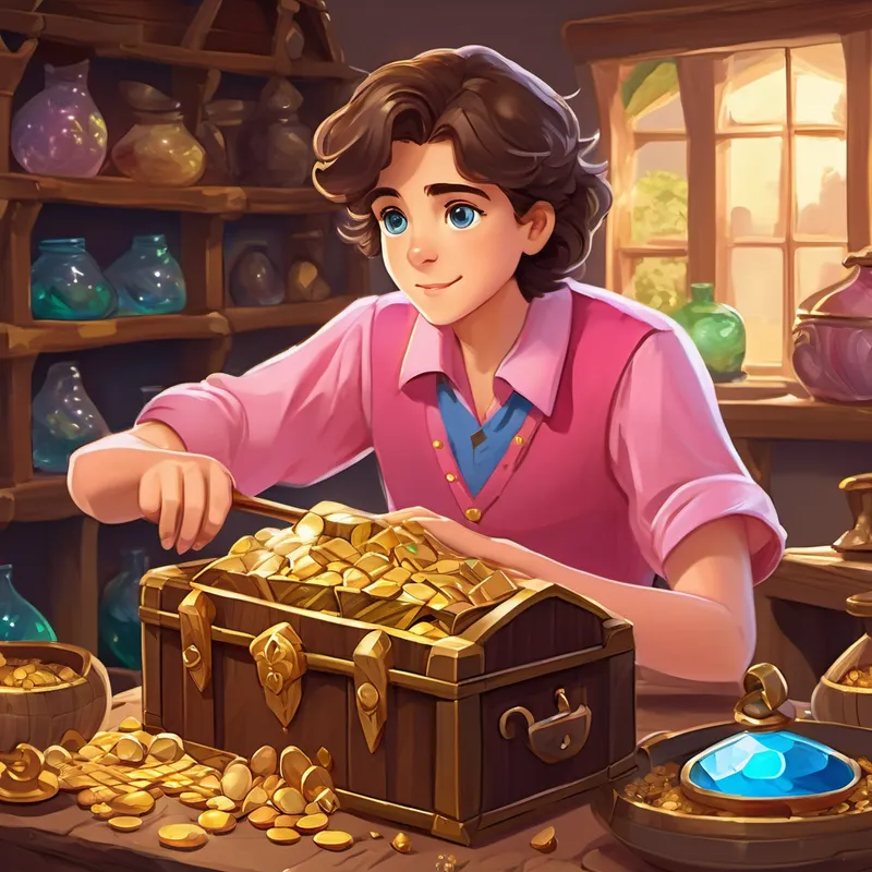 Hilal has brown hair, blue eyes, and wears a pink shirt finding a treasure chest with diamonds, gold, and potions