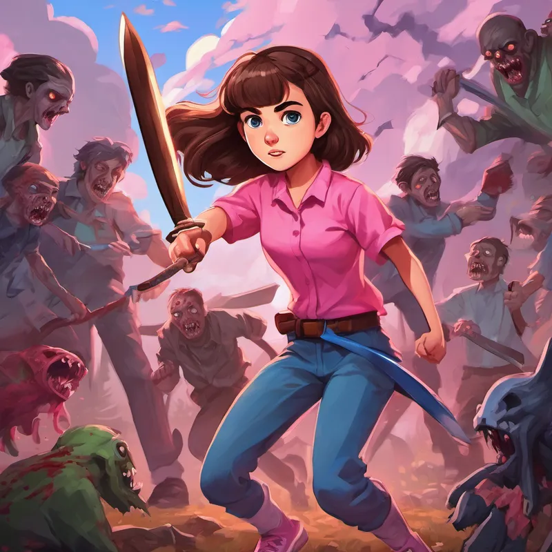 Hilal has brown hair, blue eyes, and wears a pink shirt fighting creepers and zombies with a sword