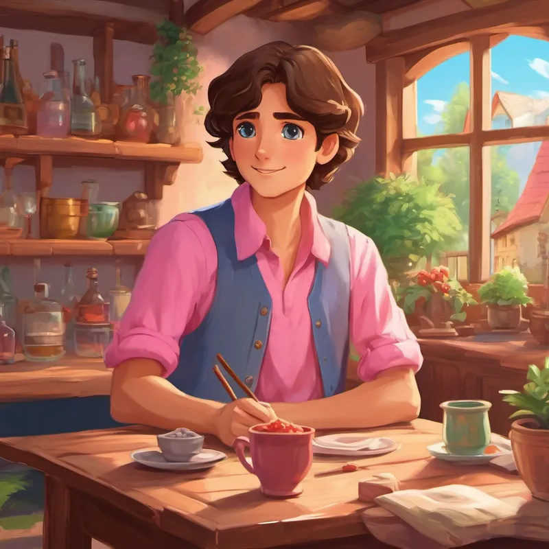 Hilal has brown hair, blue eyes, and wears a pink shirt building a house, inviting friends for a party