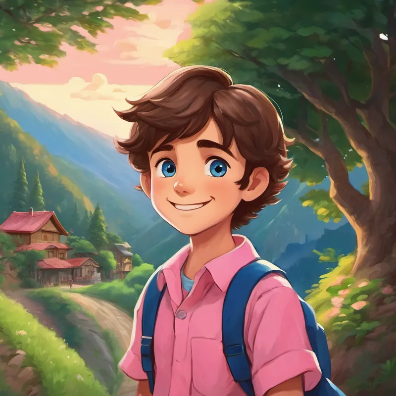 Hilal has brown hair, blue eyes, and wears a pink shirt returning home with a smile, holding memories of the adventure