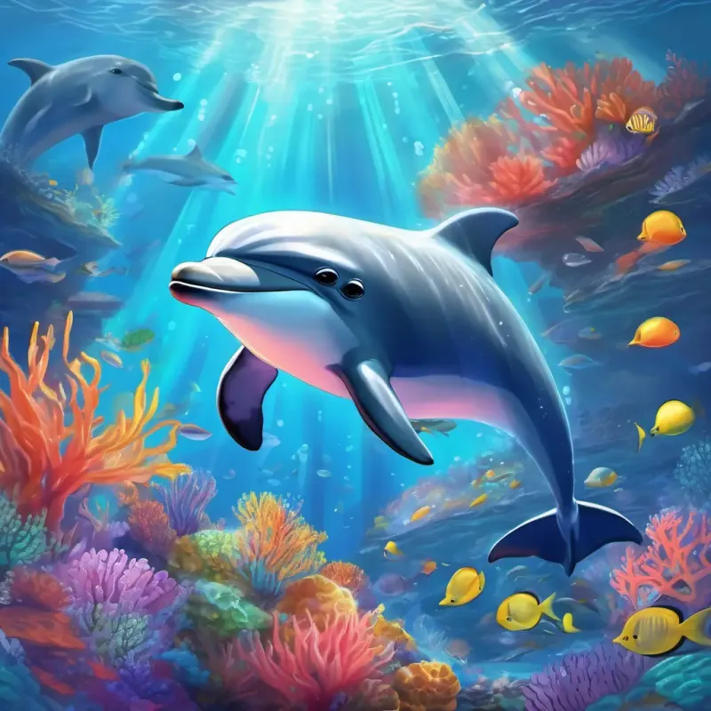 Underneath the sparkling waves, A playful dolphin with a sleek gray body and bright, friendly eyes the dolphin explores the colorful coral reef.