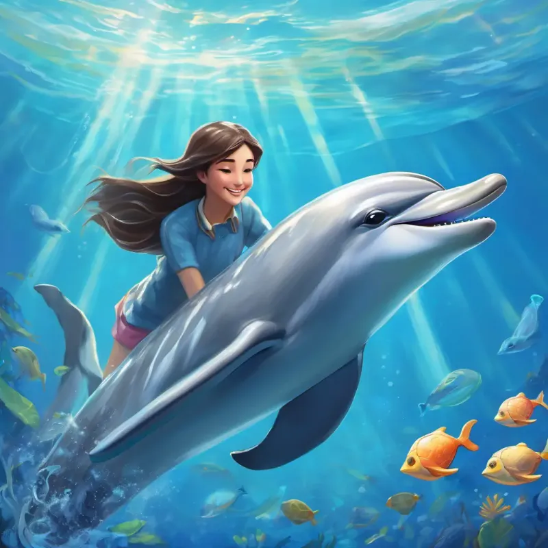 Beneath the blue waves, A playful dolphin with a sleek gray body and bright, friendly eyes's kind heart shines as she helps the grateful turtle.