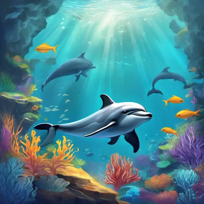 Among the vibrant reef, A playful dolphin with a sleek gray body and bright, friendly eyes's curious eyes widen as she discovers the mysterious cave.